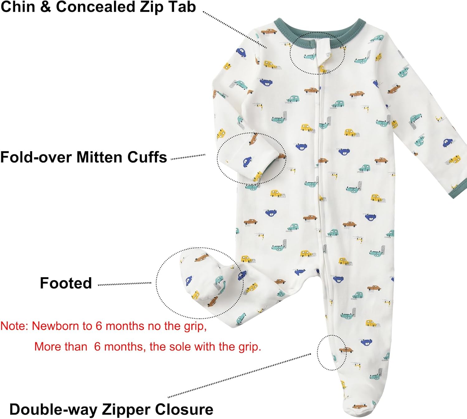 Aablexema Baby Footed Pajamas with Mitten Cuffs Zipper 4-Pack Infant Newborn Cotton Long Sleeve