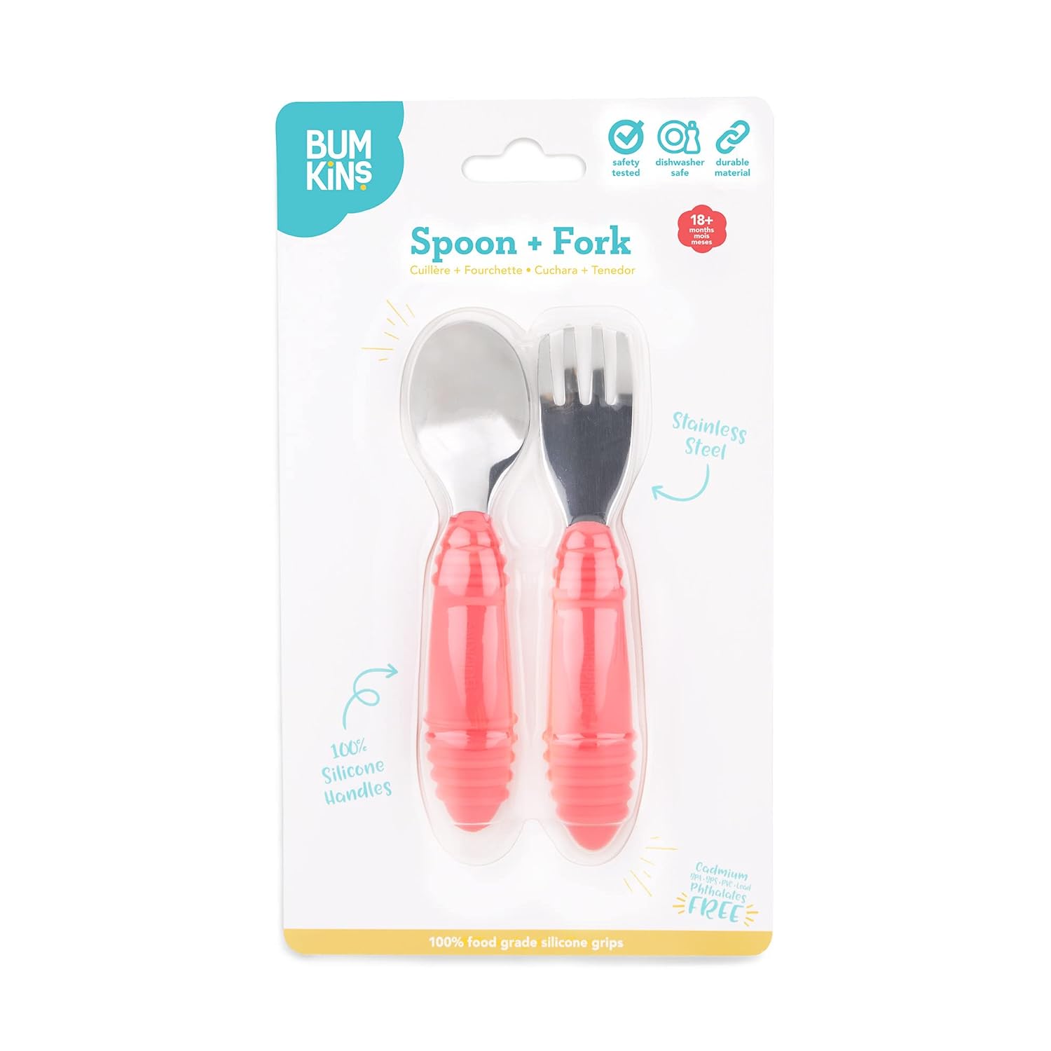 Bumkins Toddler Utensils, Kids Size Fork and Spoon Set, Silicone and Stainless-Steel Training