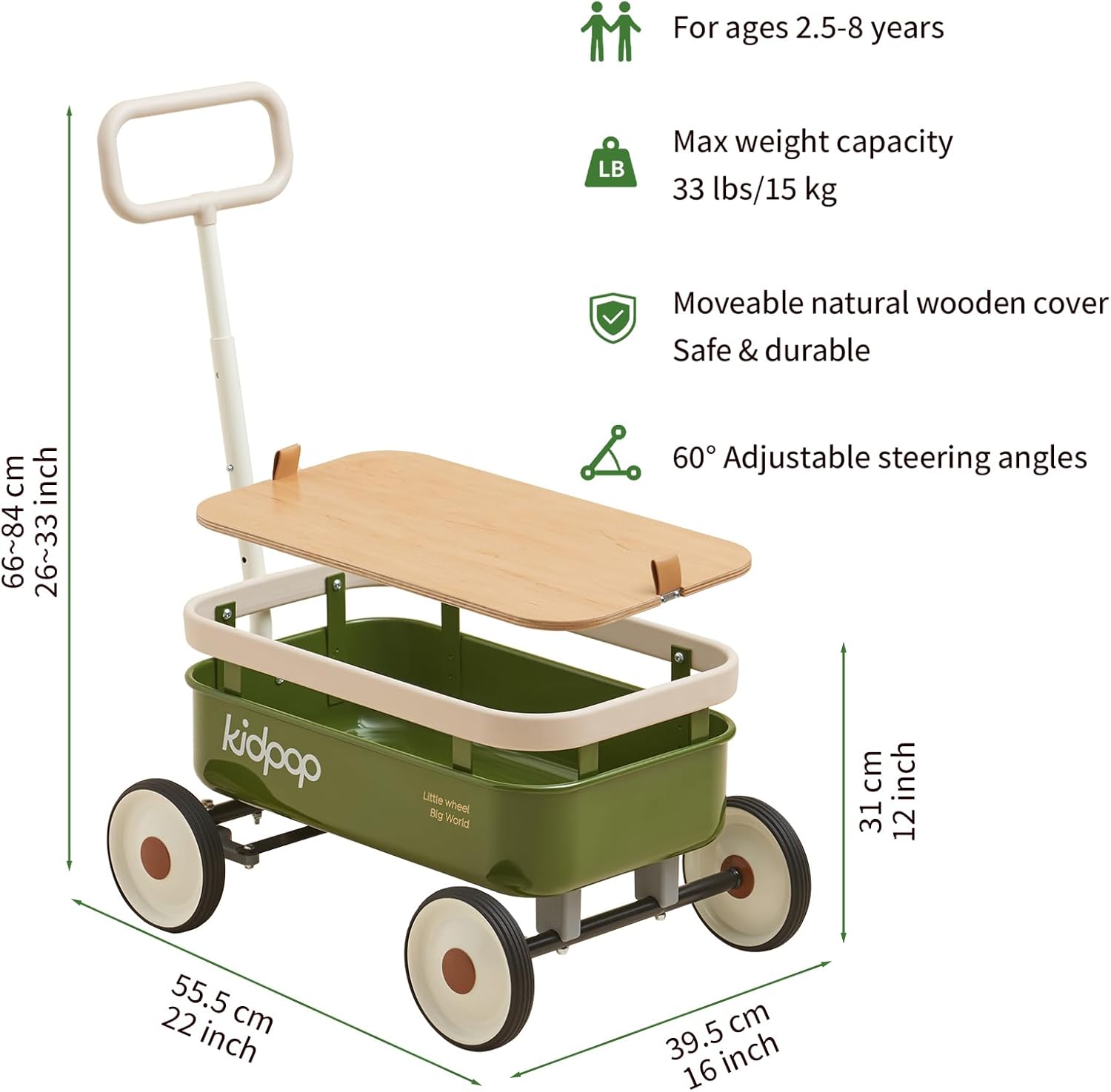 PULA-Wild 3-in-1 Kids' Pull-Along Wagon Toddlers Push Walker for 2.5-8, Removable Wooden Cover and