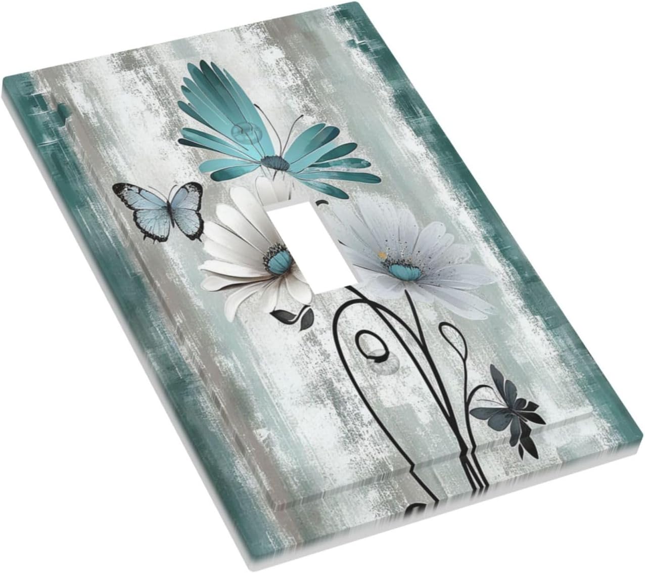 Decorative Light Switch Cover Rustic Teal Daisy Floral Flowers Butterfly Wood Grain 1 Gang Single
