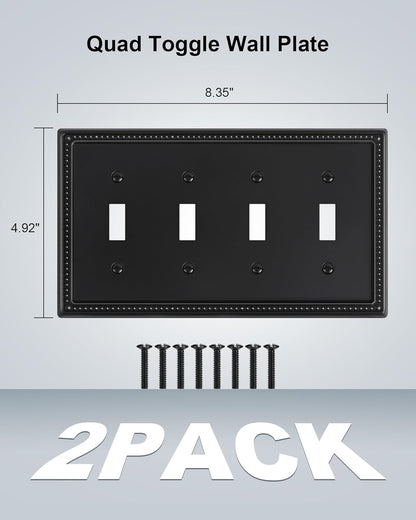 2-Pack Quad Toggle Light Switch Cover Plate, 4 Gang Metal Switch Plate Covers, Black Pearls