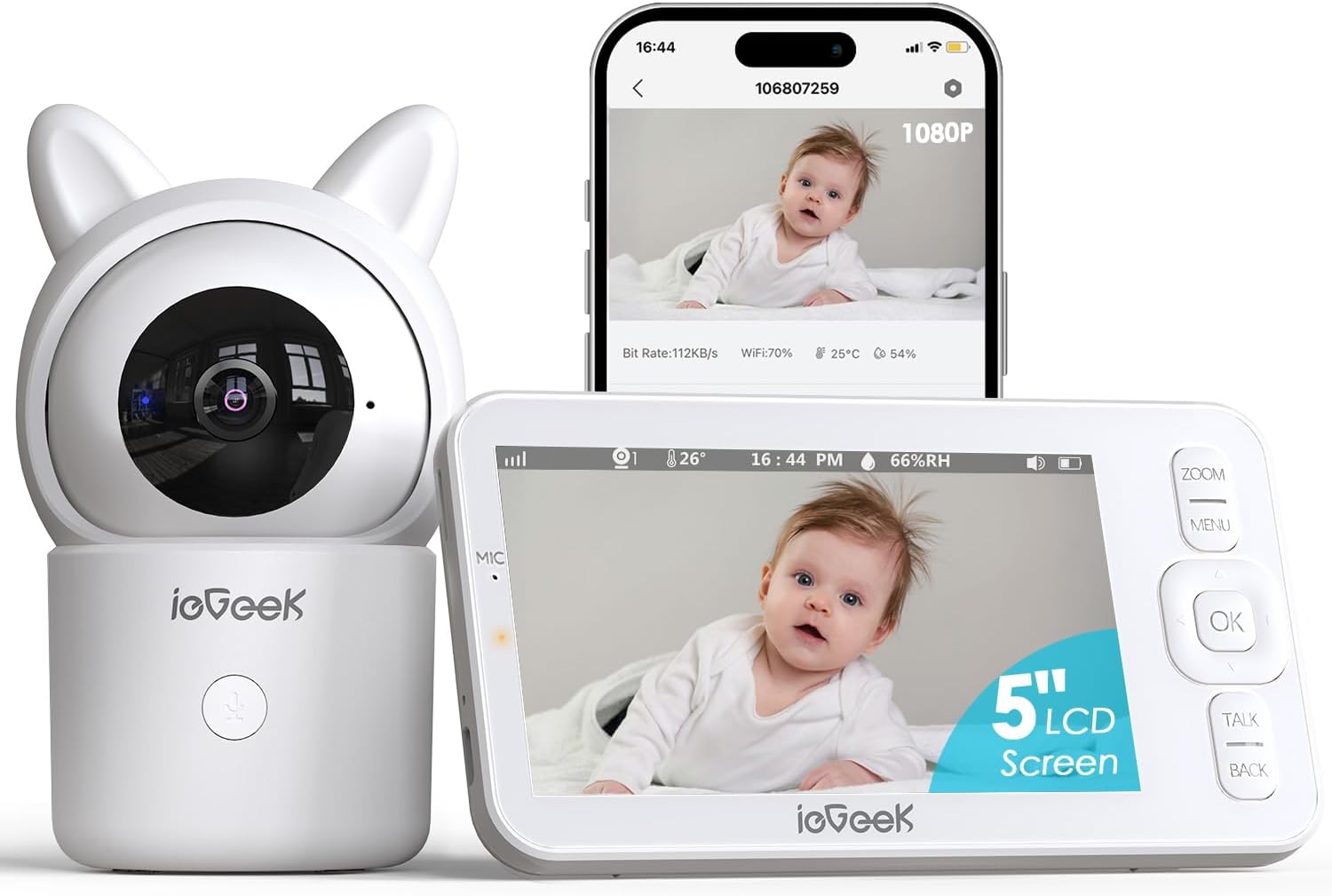 ieGeek Baby Monitor with Camera and Audio,5" Screen,HD Night Vision,2-Way Talk,Cry&Motion