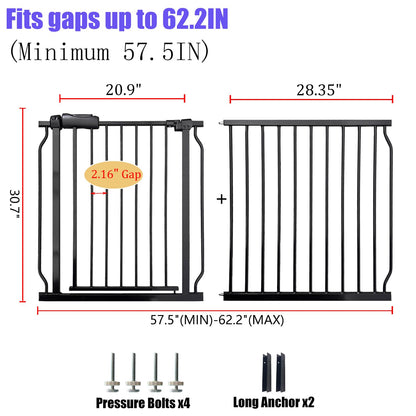 Extra Wide 57.5-62 Inch Large Baby Gates for Stairs, Doorways - No Drilling, Pressure Mounted Pet
