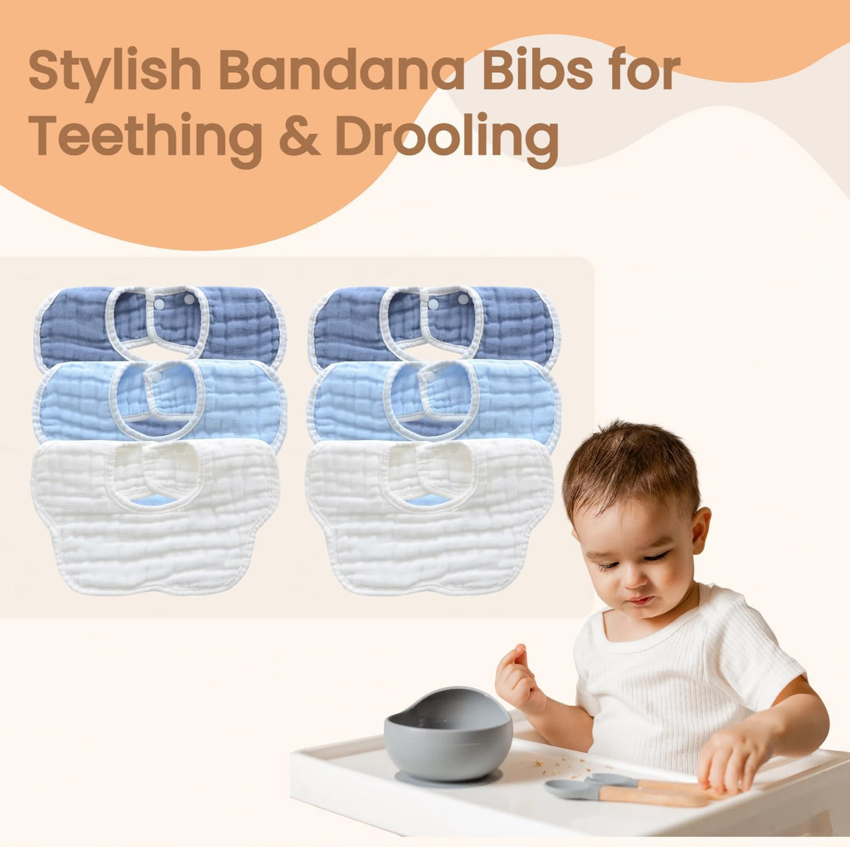 MUKIN Baby Drooling Towel, Snap Bibs, Muslin Bibs, 6 Pack, Adjustable, Soft Cotton