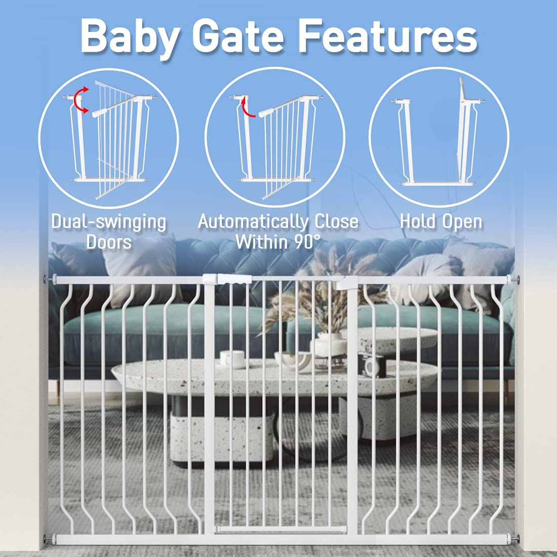 WAOWAO Extra Tall 40.55" Baby Gate 57.48-74.4" Wide Pressure Mounted Walk Through Swing Auto Close