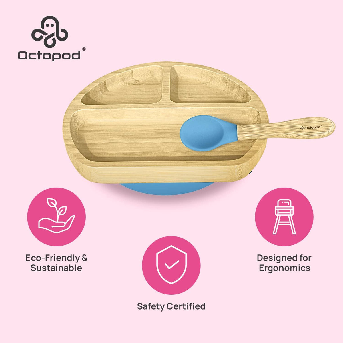 Abiie Octopod Bamboo Dish - Kids Plates for 4 months and up, 3-Compartment Baby Plates with