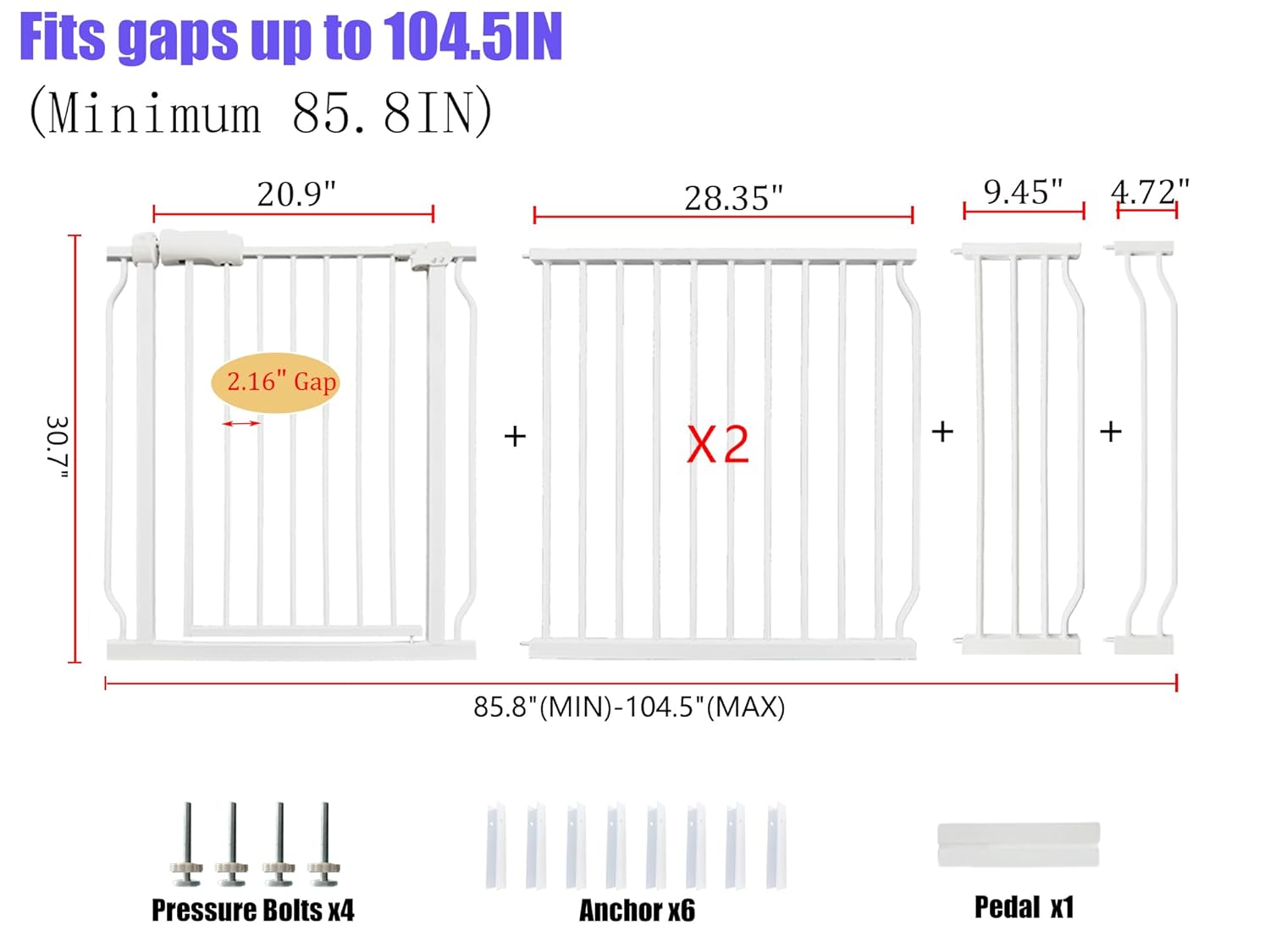 Extra Wide Baby Gate 85.8-104.5 Inch, Pressure Mounted No Drilling, for Stairs & Doorways, Metal