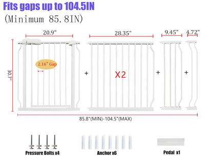 Extra Wide Baby Gate 85.8-104.5 Inch, Pressure Mounted No Drilling, for Stairs & Doorways, Metal