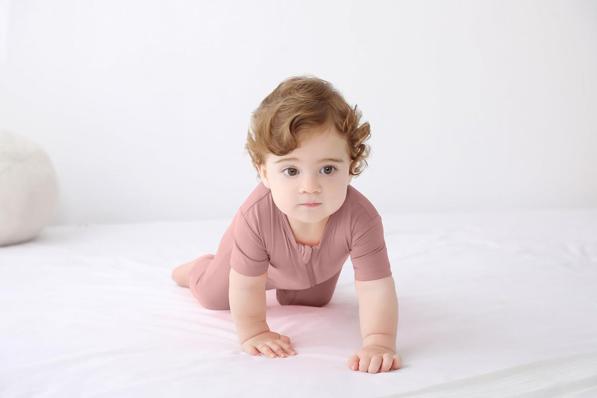 GUISBY Rayon Made from Bamboo Baby Pajamas, Summer Short Sleeve Footless Rompers, 2 Way Zipper
