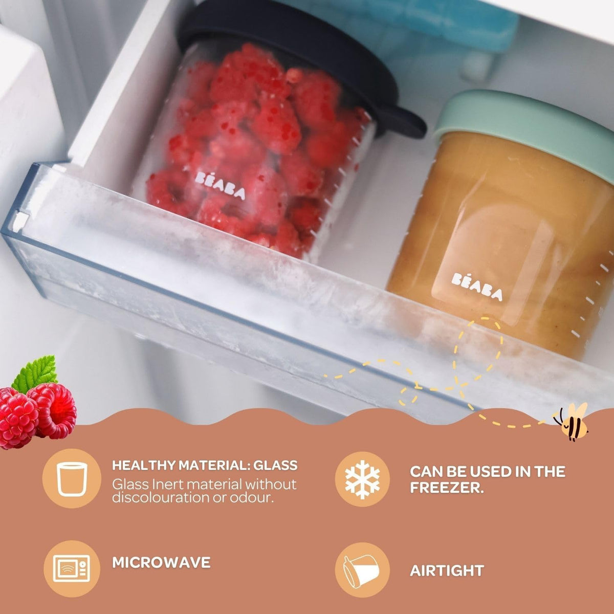 BEABA 4 Pack Glass Baby Food Jars with Soft Silicone Air Tight Lids, 8 oz Glass Storage Containers