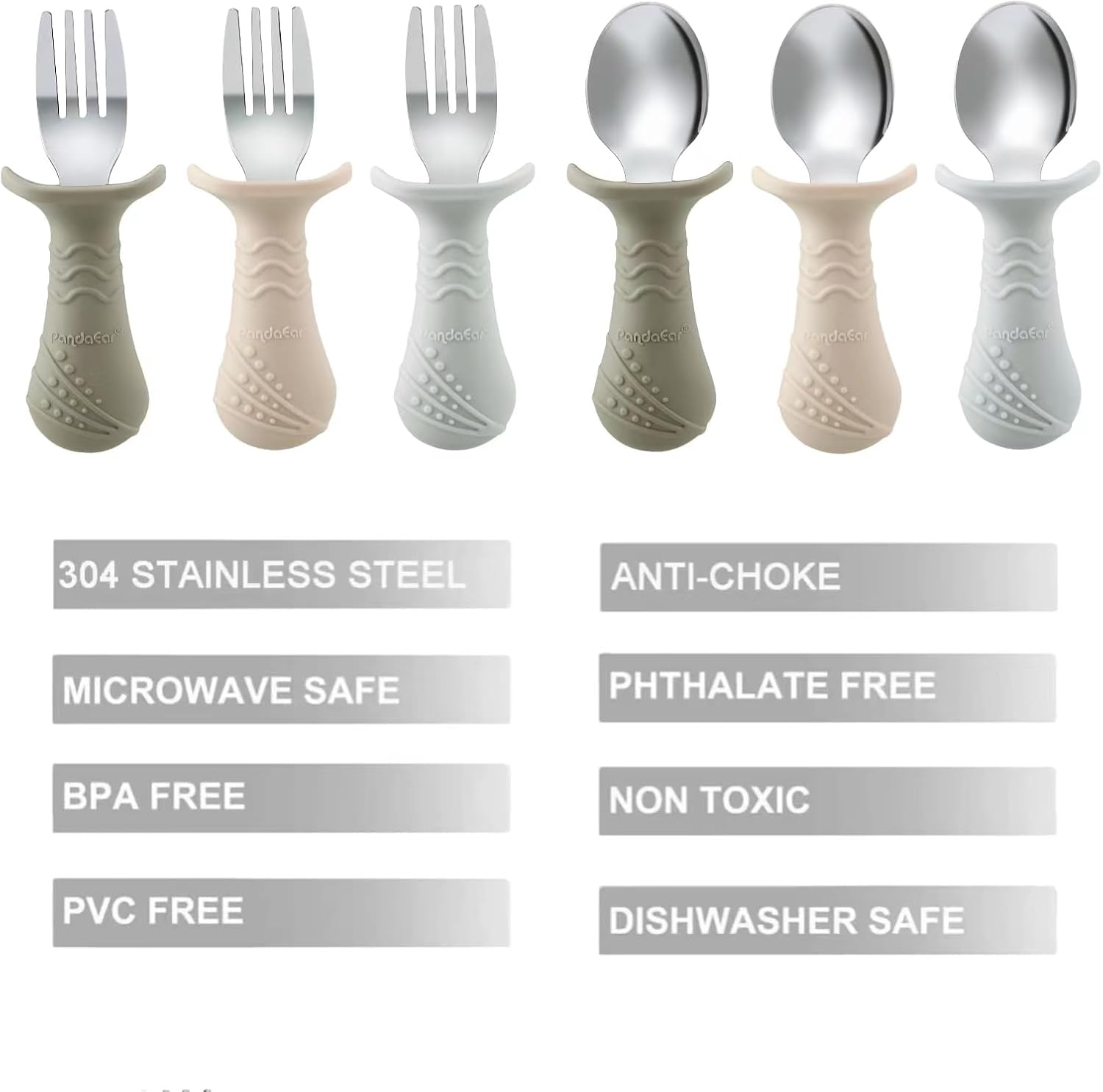 PandaEar Baby Toddler Fork and Spoon Utensil Set, 6 Pack Silicone Stainless Steel Silverware Spoon