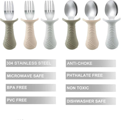 PandaEar Baby Toddler Fork and Spoon Utensil Set, 6 Pack Silicone Stainless Steel Silverware Spoon
