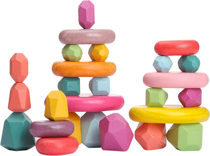 OESSUF Stacking Rocks 26Pcs Stacking Blocks Balancing Stones Wooden Building Toys Wood Stone