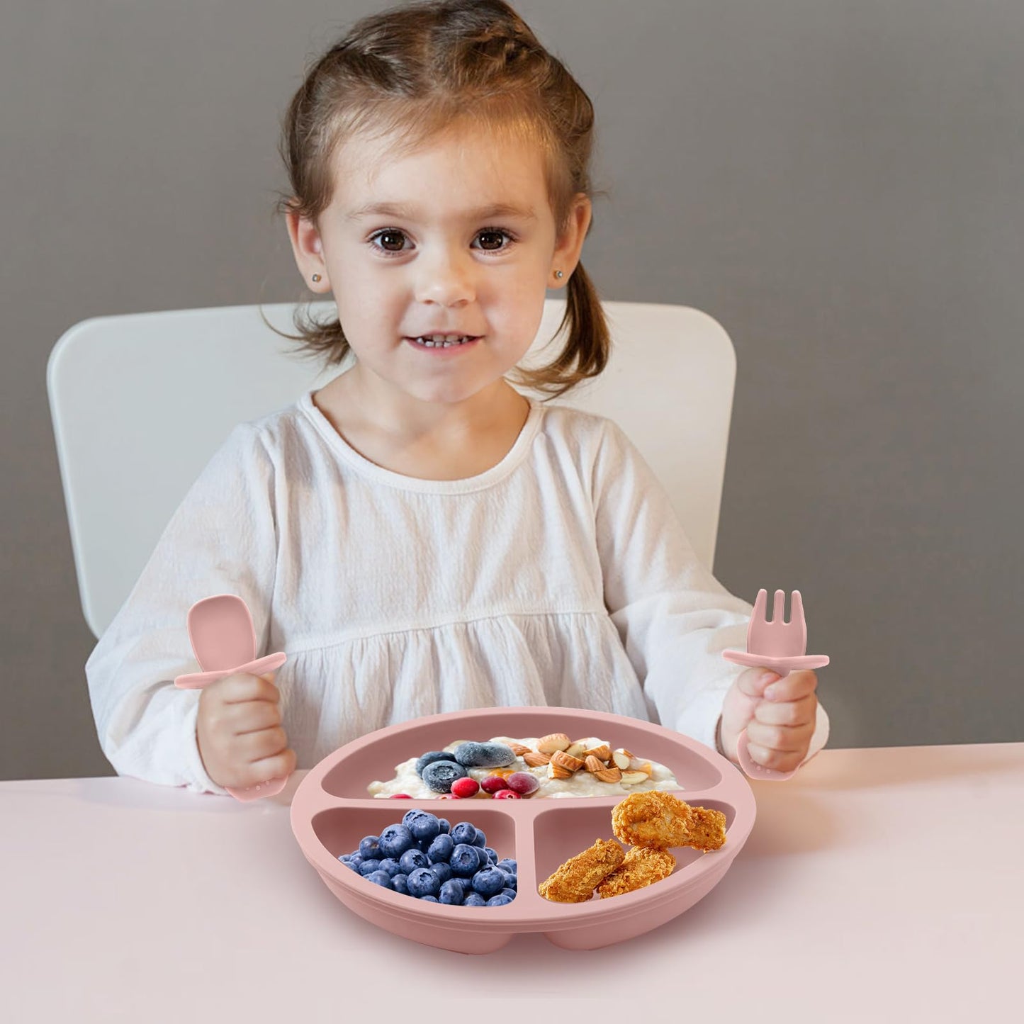 Eascrozn 2 Pack Divided Toddler Plates with Suction, Spoons and Forks Set
