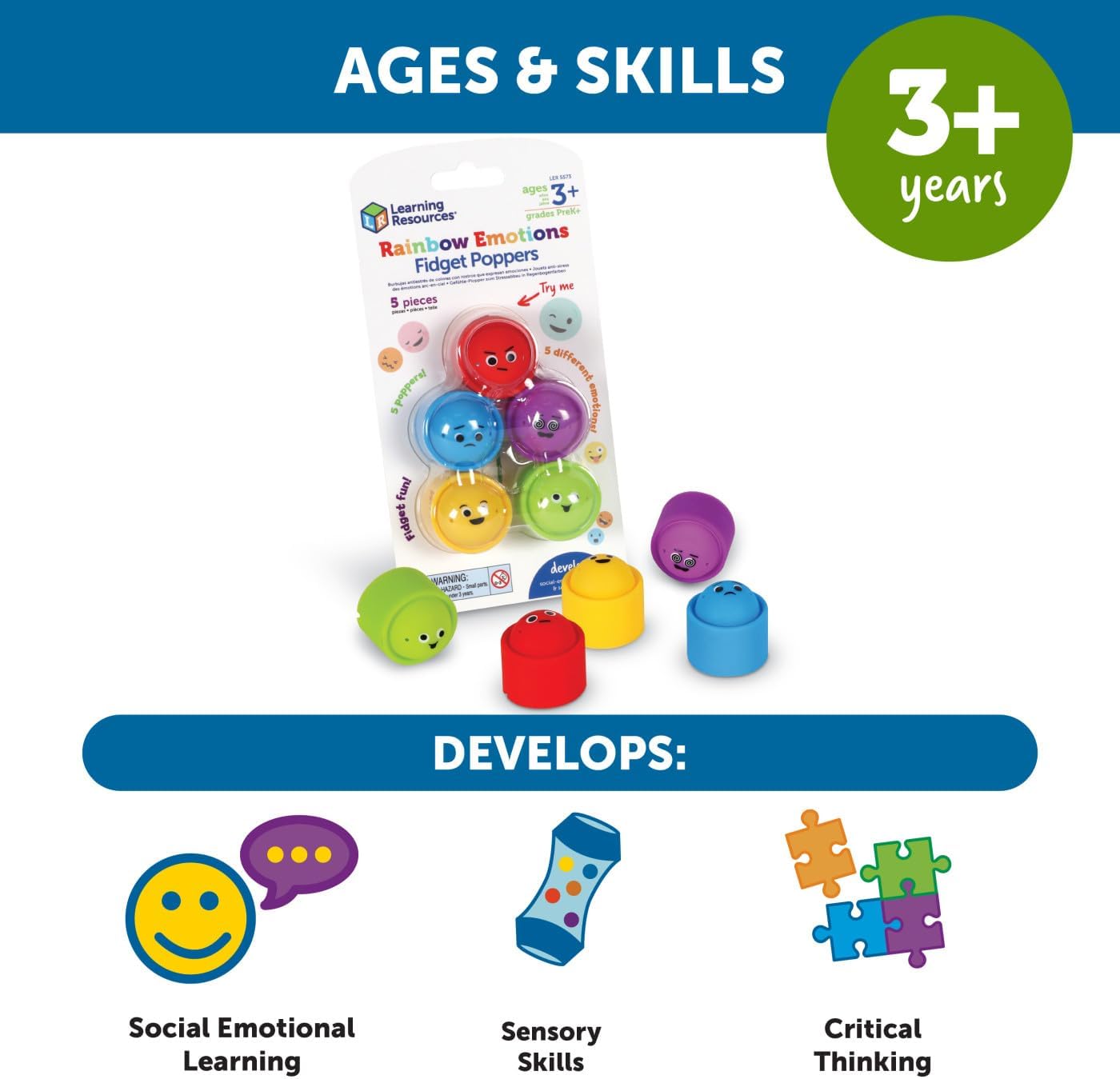 Learning Resources Rainbow Emotion Fidget Poppers, 5 Pieces, Ages 3+, Sensory Toys