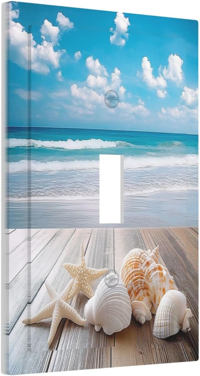 Decorative Light Switch Cover Beach Waves Brown Wood Starfish Shells 1 Gang Single Toggle Device