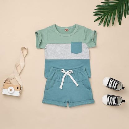 Baby Boy Clothes Toddler Boy Summer Outfits Short Sleeve Patchwork Top T-shirt & Pocket Pant Set 2