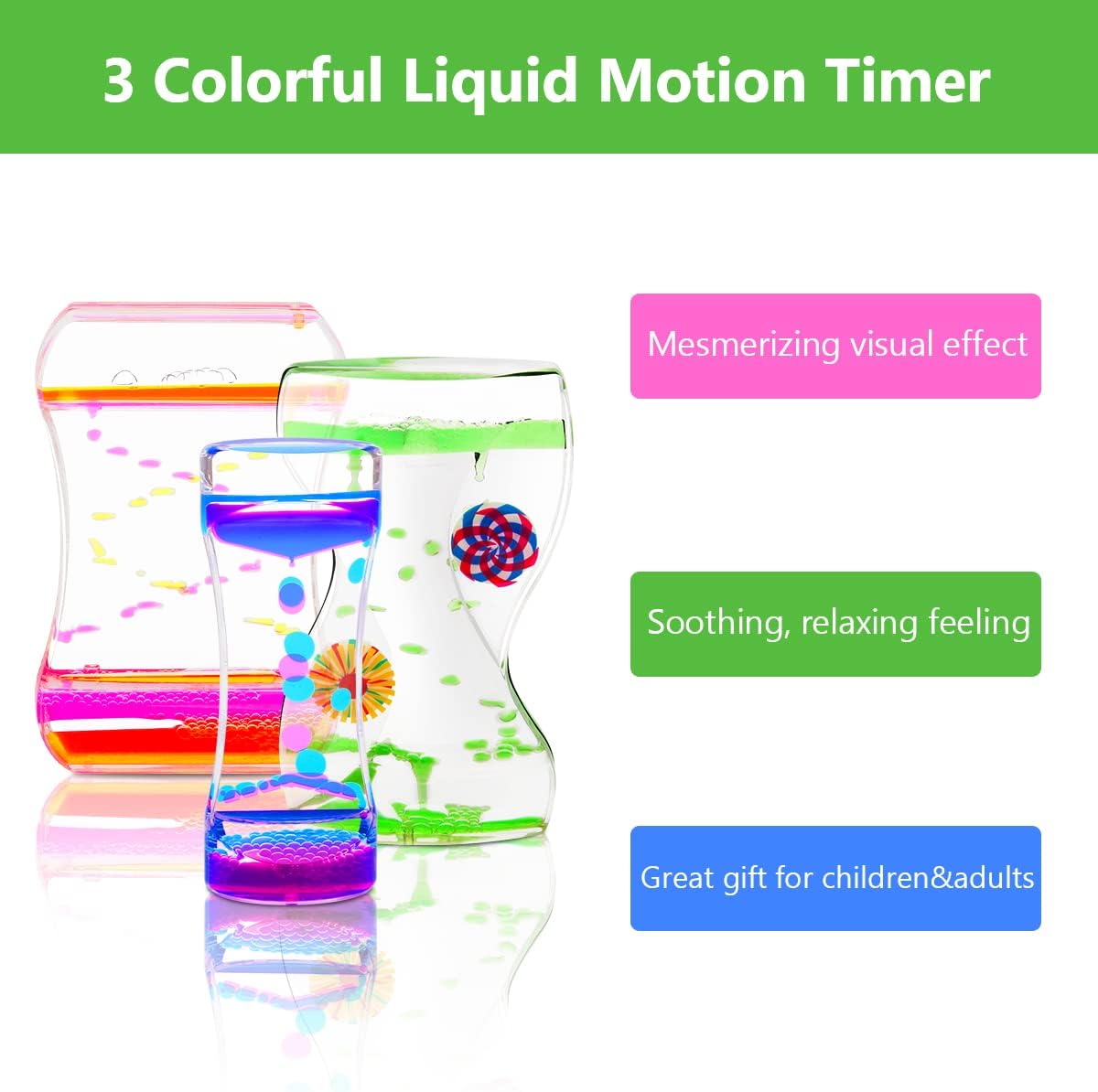 Coitak Liquid Motion Bubbler Timer for Sensory Play, Fidget Toy, Desk Top, 3 Pack, Assorted Colors