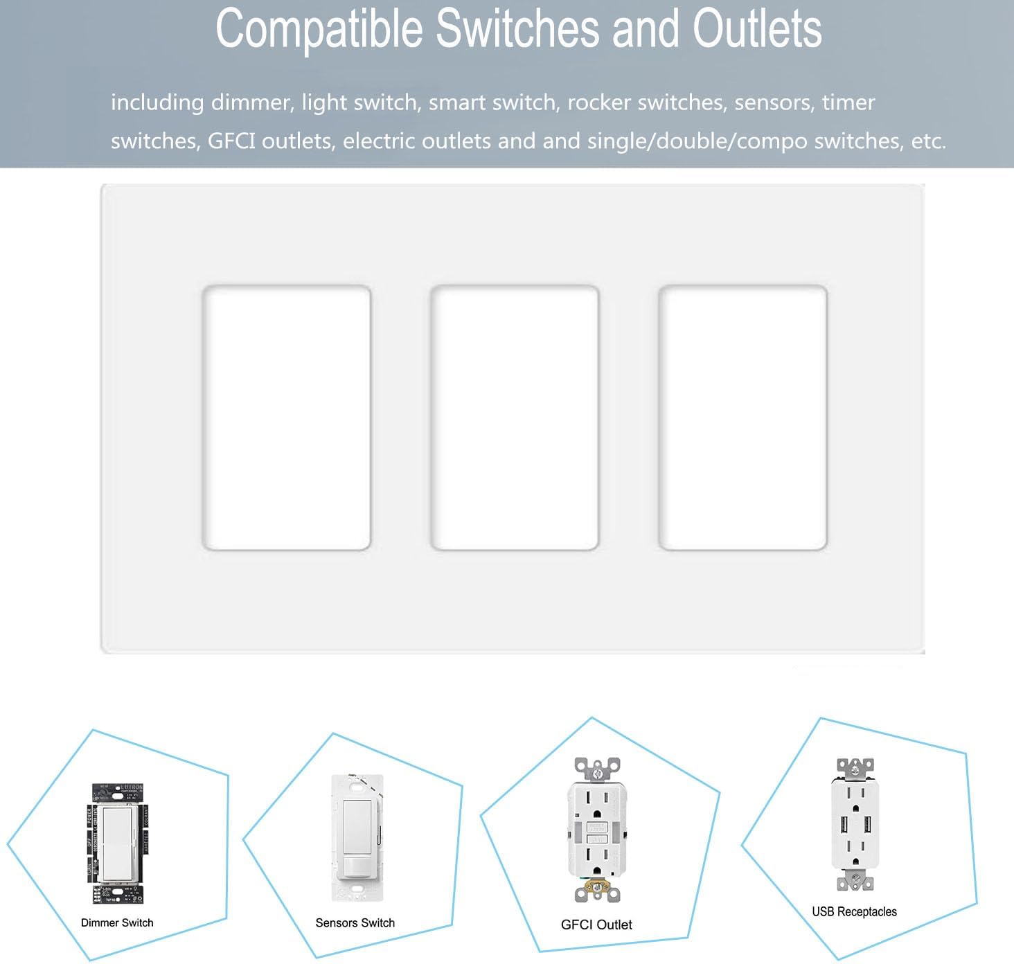 3-Gang Screwless Decorator Wall Plate Cover Switch Outlet Electrical Faceplate for Light Switche