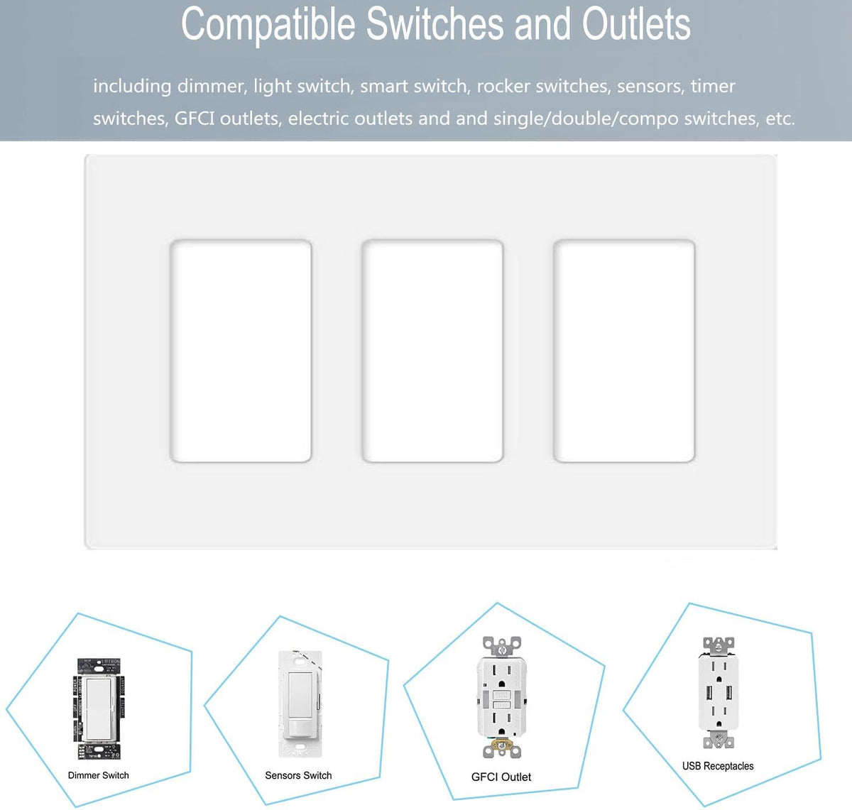 3-Gang Screwless Decorator Wall Plate Cover Switch Outlet Electrical Faceplate for Light Switche