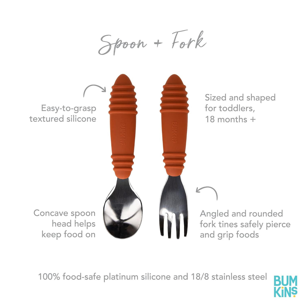 Bumkins Toddler Utensils, Kids Size Fork and Spoon Set, Silicone and Stainless-Steel Training