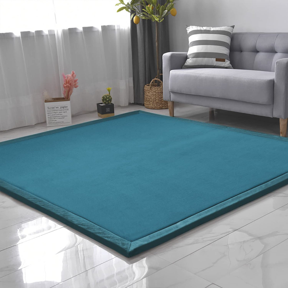 Loartee Coral Velvet Crawling Rug (6'8"x9'8", Blue) for Toddler Children Play Area Rugs Yoga Mat