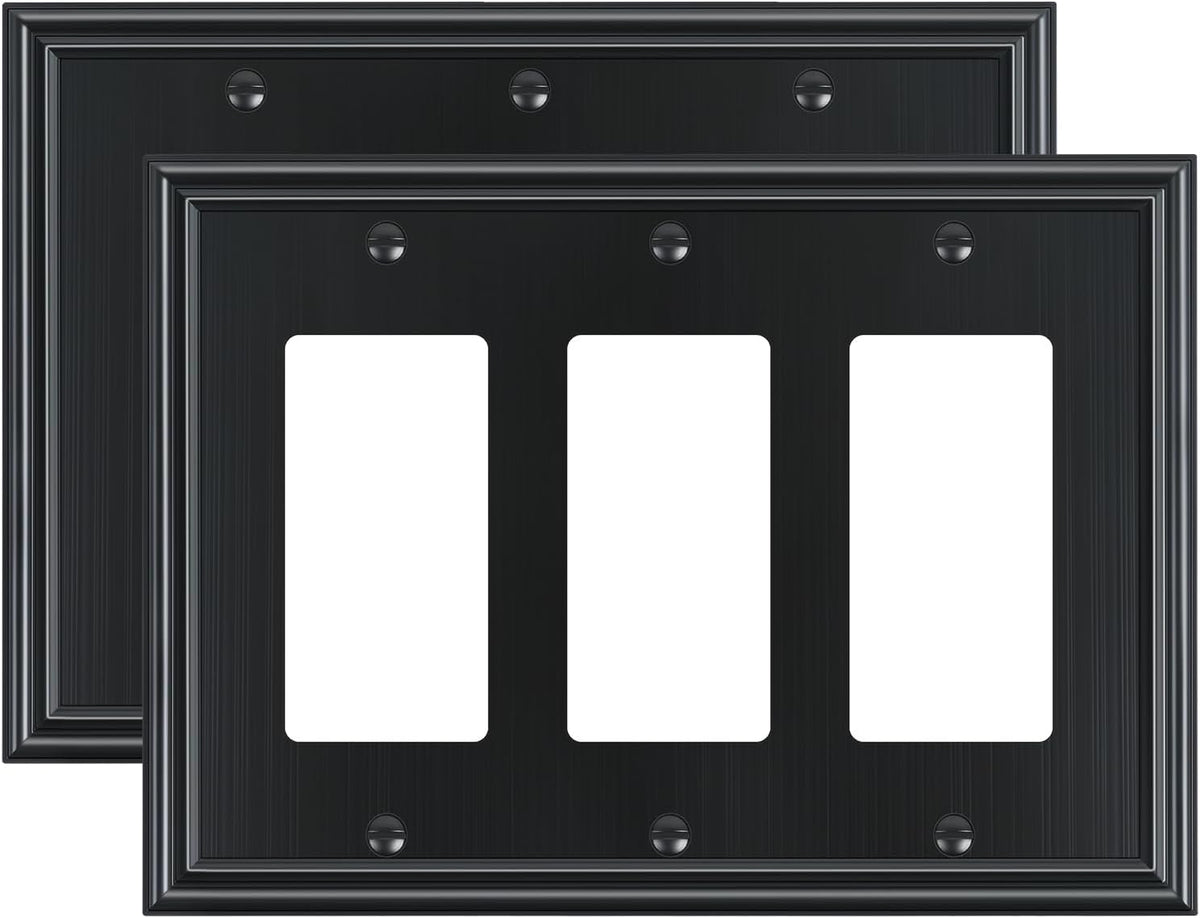 2-Pack Decorative Tripple Decorator Outlet Cover Plate, Durable Zinc Alloy Black Wall Plates for
