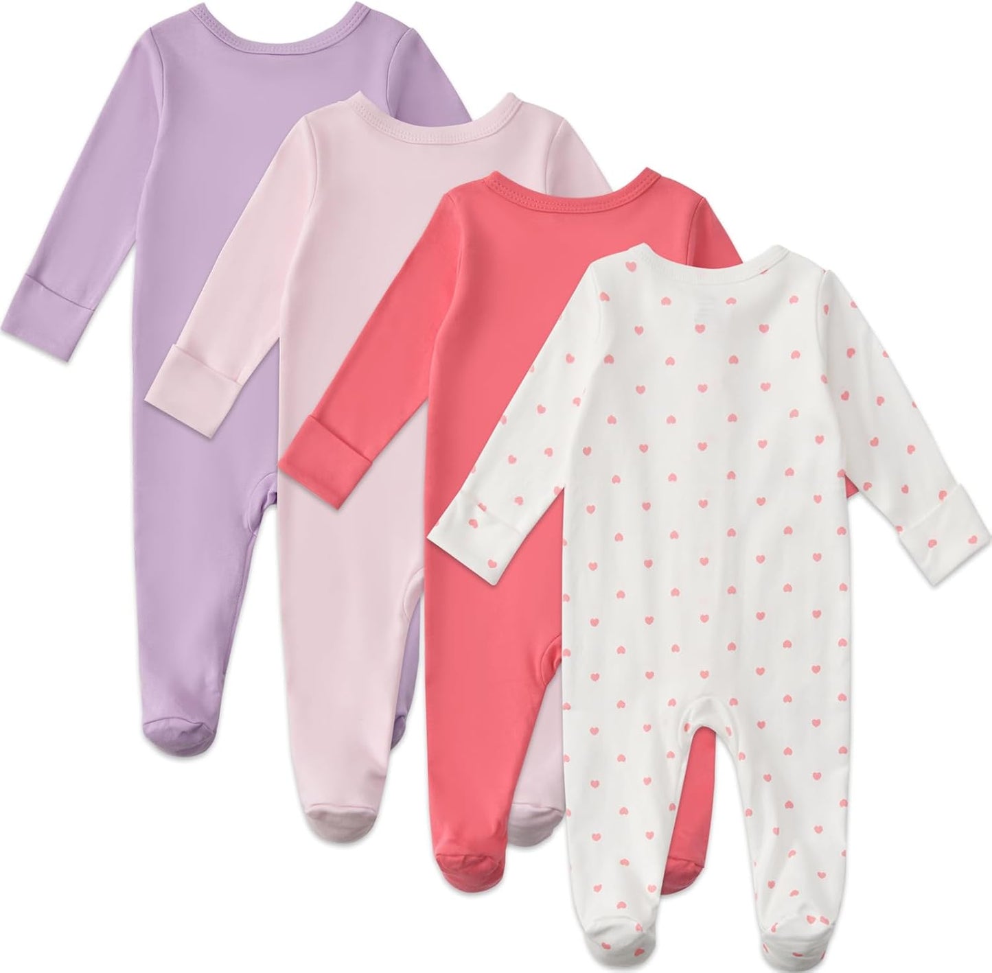 Aablexema Baby Footed Pajamas with Mitten Cuffs Zipper 4-Pack Infant Newborn Cotton Long Sleeve