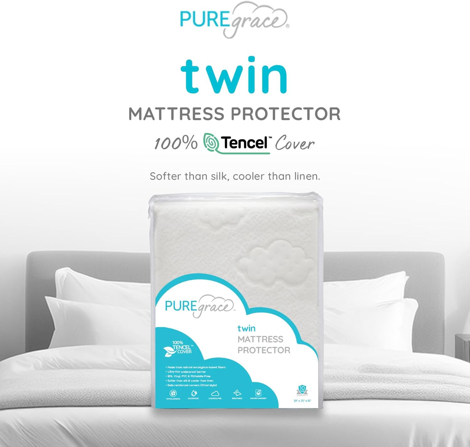 PUREgrace Tencel Mattress Protector (Twin) – Waterproof, Noiseless Cover for Potty Training
