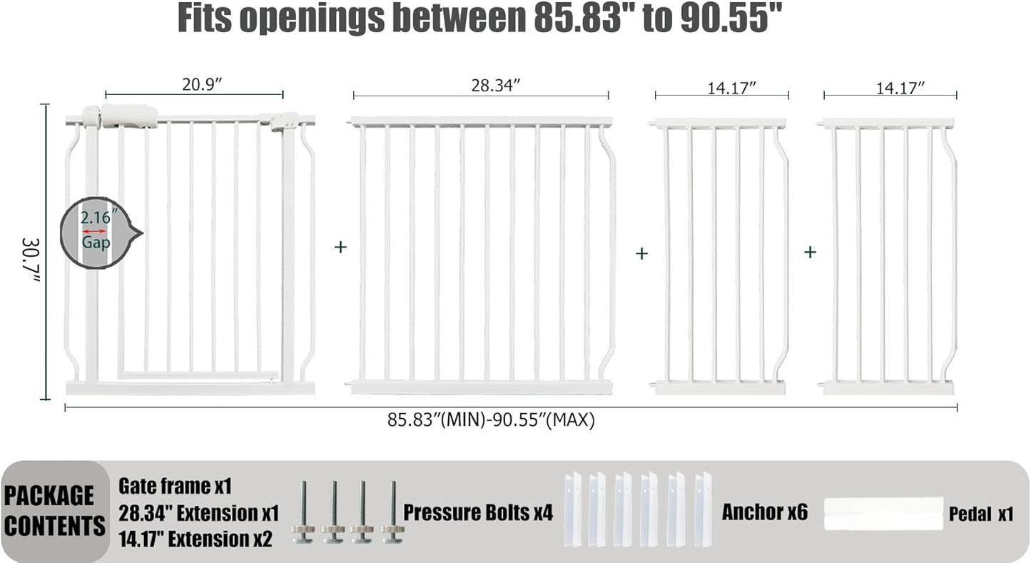 Heavy Duty Baby & Dog Safety Gate, Extra Wide 85.8-90.5 Inch,White Metal, Tension Mounted No