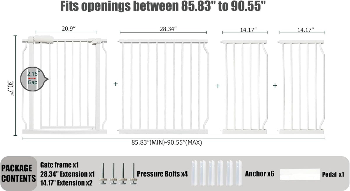 Heavy Duty Baby & Dog Safety Gate, Extra Wide 85.8-90.5 Inch,White Metal, Tension Mounted No