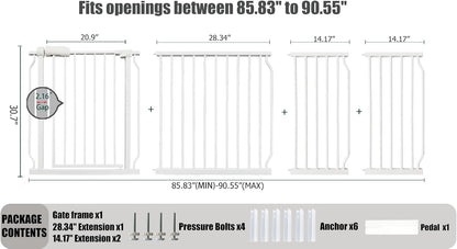 Heavy Duty Baby & Dog Safety Gate, Extra Wide 85.8-90.5 Inch,White Metal, Tension Mounted No