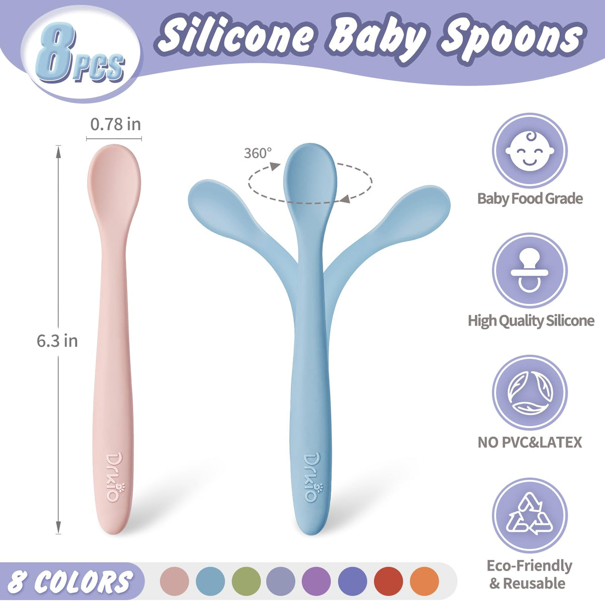 DRKIO 8 Pcs Silicone Baby Spoons Infant Utensils for First Stage Feeding