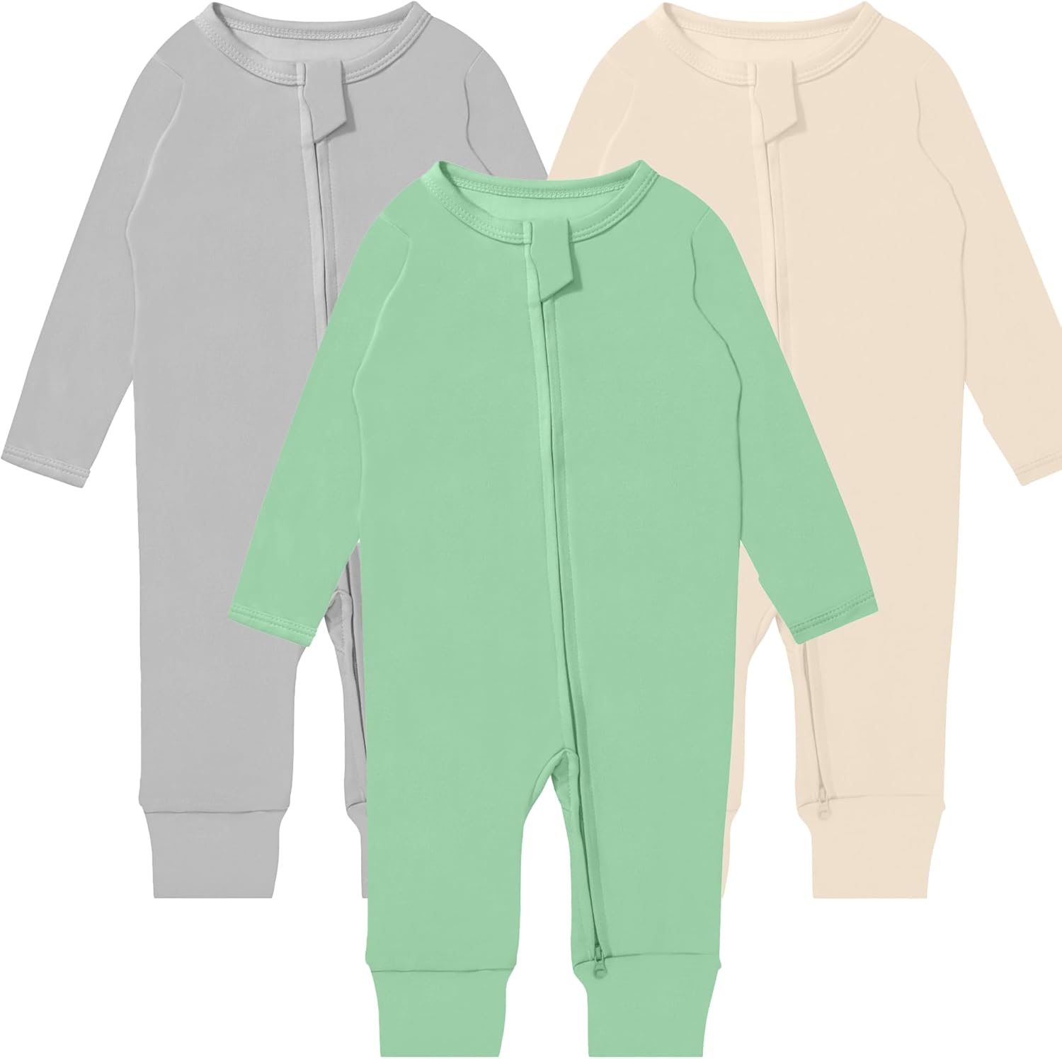 GUISBY Long Sleeve Cotton Pajamas Footless Baby Bodysuits with Zipper and Mittens 3-Pack for Boys