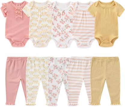 Kiddiezoom Newborn Baby Layette Set 10-Piece with Bodysuits and Pants Set for Unisex Baby Gift Sets