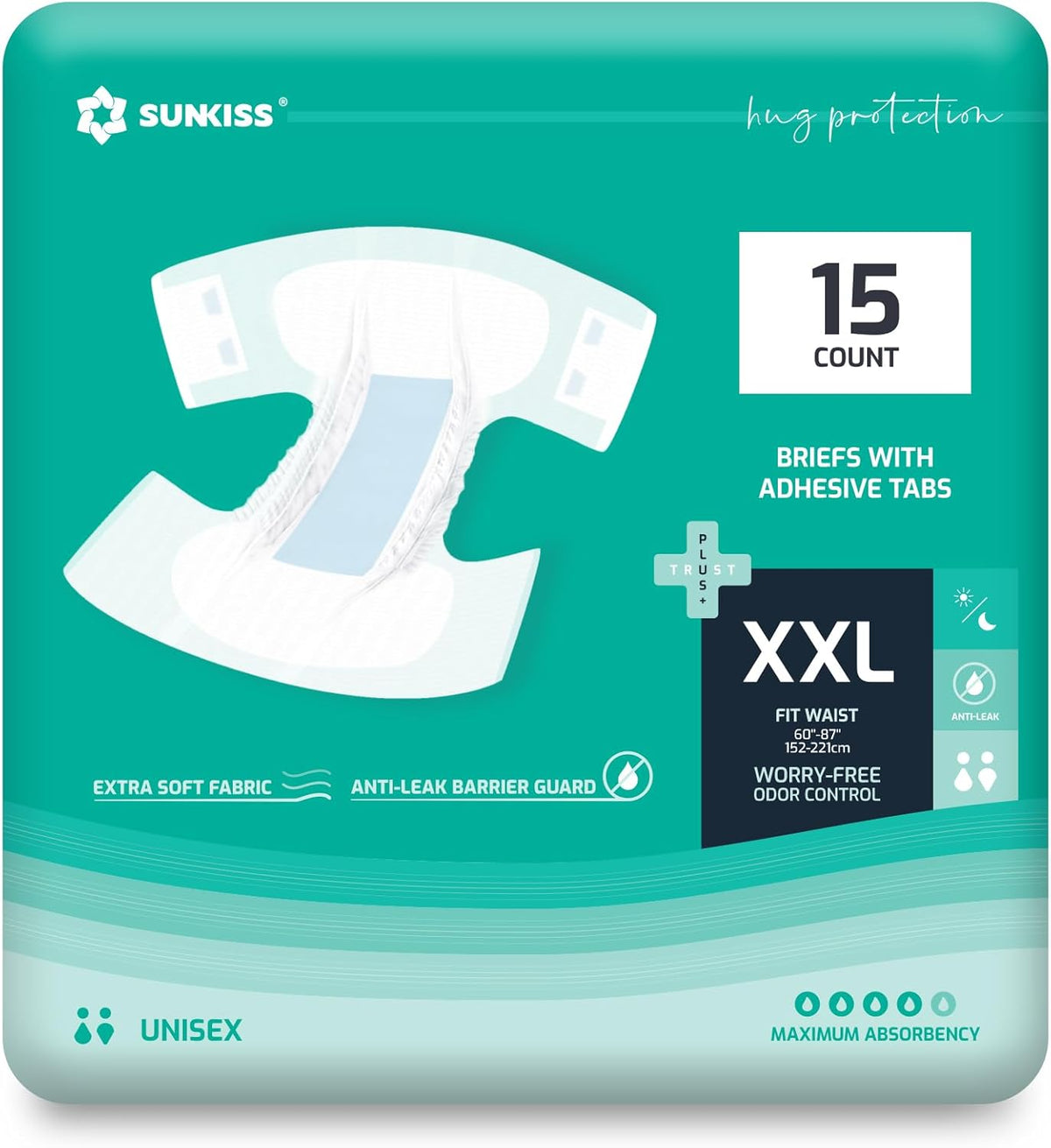 SUNKISS TrustPlus Adult Diapers with Maximum Absorbency, Disposable Incontinence Briefs with Tabs