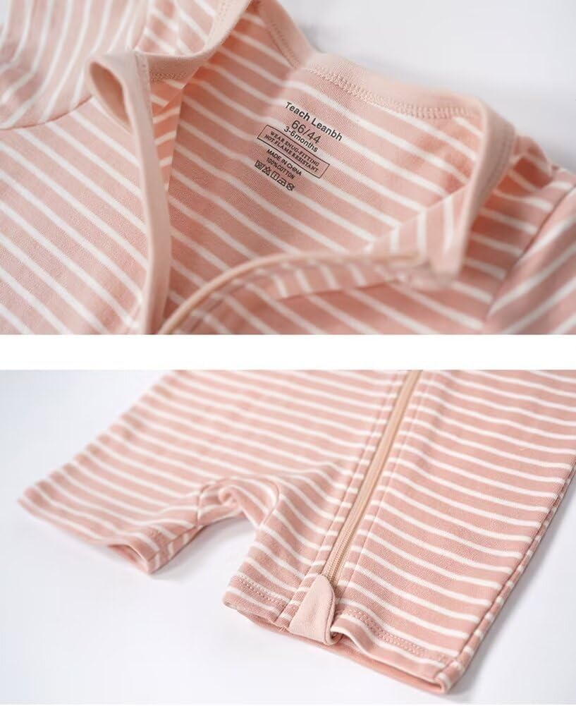 Teach Leanbh Unisex Baby 2 Pack Pajamas Cotton Short Sleeve 2 Way Zipper Stripe Soild Romper