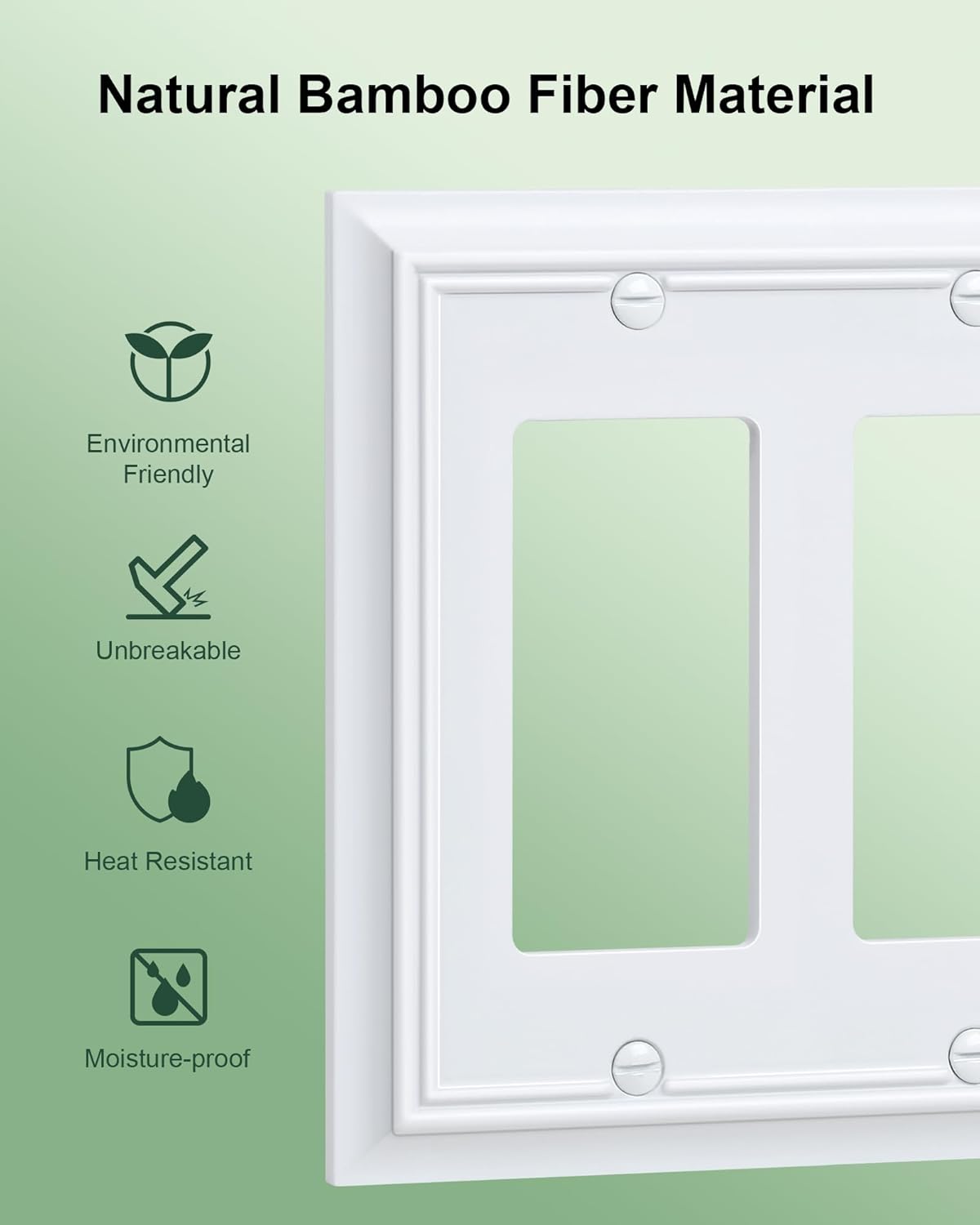 2-Pack Decorative Double Decorator Outlet Cover Plate, Pure White Durable Natural Bamboo Fiber Wall