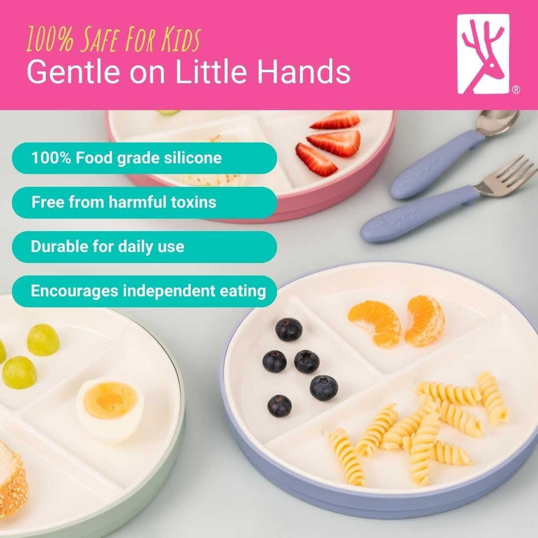 Elk and Friends Kids 7.8” Porcelain Divided Plates with Silicone Sleeves + Lids | Suitable for
