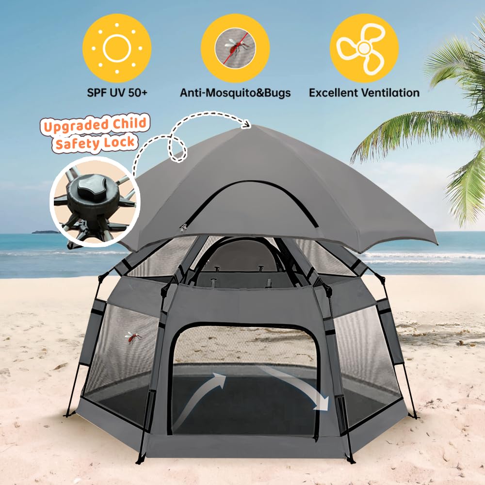 Pop Up Playpen for Babies with Canopy & Safety Lock - Outdoor Baby Playpen with 6 Ground Stakes & 6