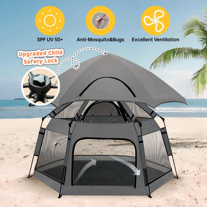 Pop Up Playpen for Babies with Canopy & Safety Lock - Outdoor Baby Playpen with 6 Ground Stakes & 6