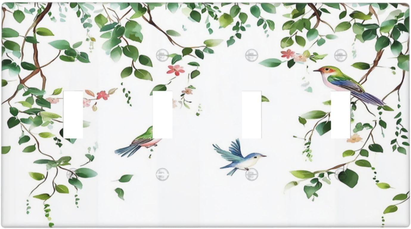 Light Switch Covers Green Leaves Bird Eucalyptus Sage Plant Quad Toggle Electrical Faceplate 4 Gang