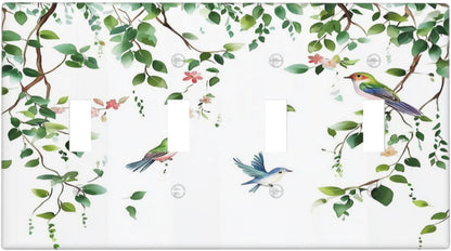 Light Switch Covers Green Leaves Bird Eucalyptus Sage Plant Quad Toggle Electrical Faceplate 4 Gang