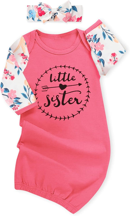 AMAWMW Newborn Baby Girl Little Sister Sleeper Gown Stripe Long Sleeve Nightgown Pajamas Gifts
