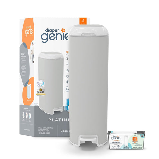 Diaper Genie Platinum Pail (Stone Grey) is Made in Durable Stainless Steel and Includes 1 Easy Roll