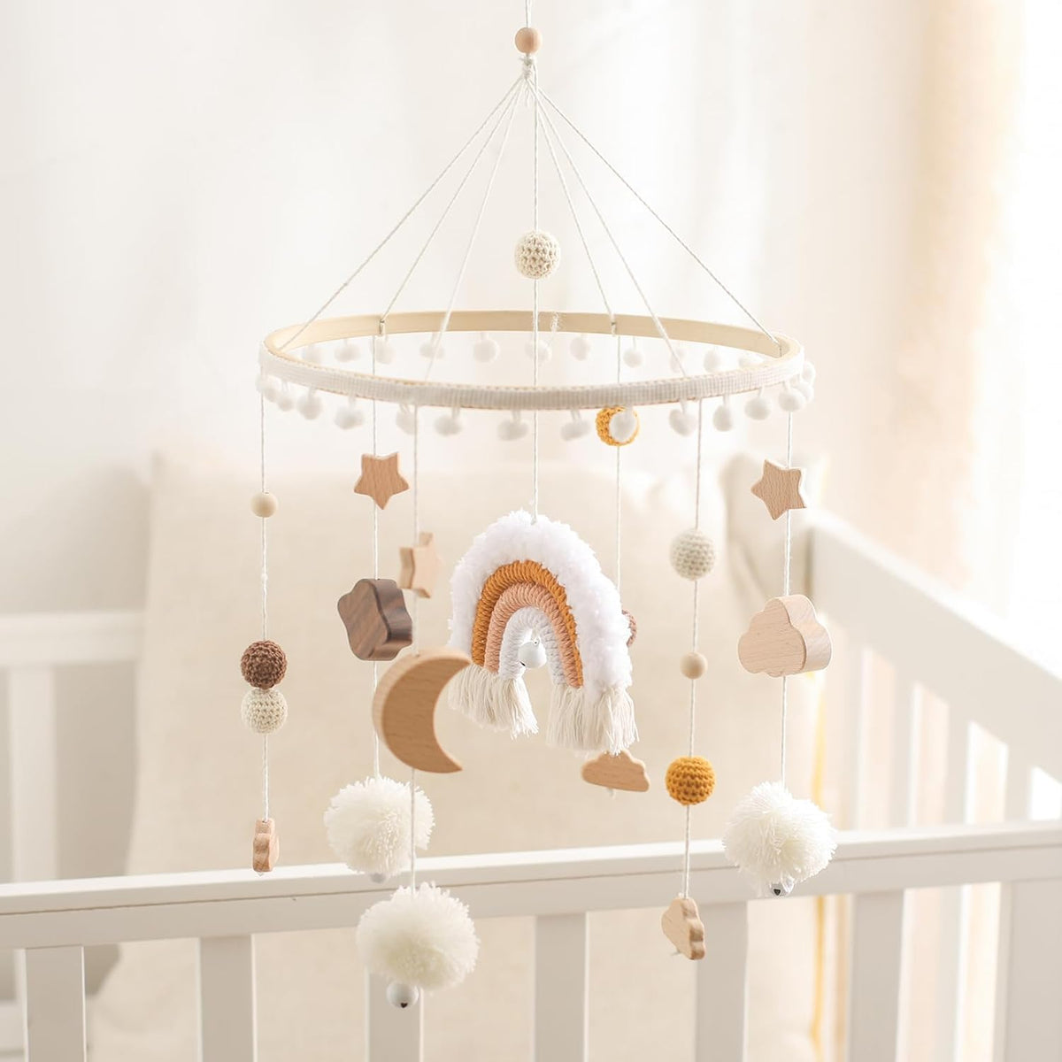 Baby Crib Mobile for Boys Girls Rainbow Nursery Mobile Gender Neutral Hand-Crocheted Mobile Ceiling