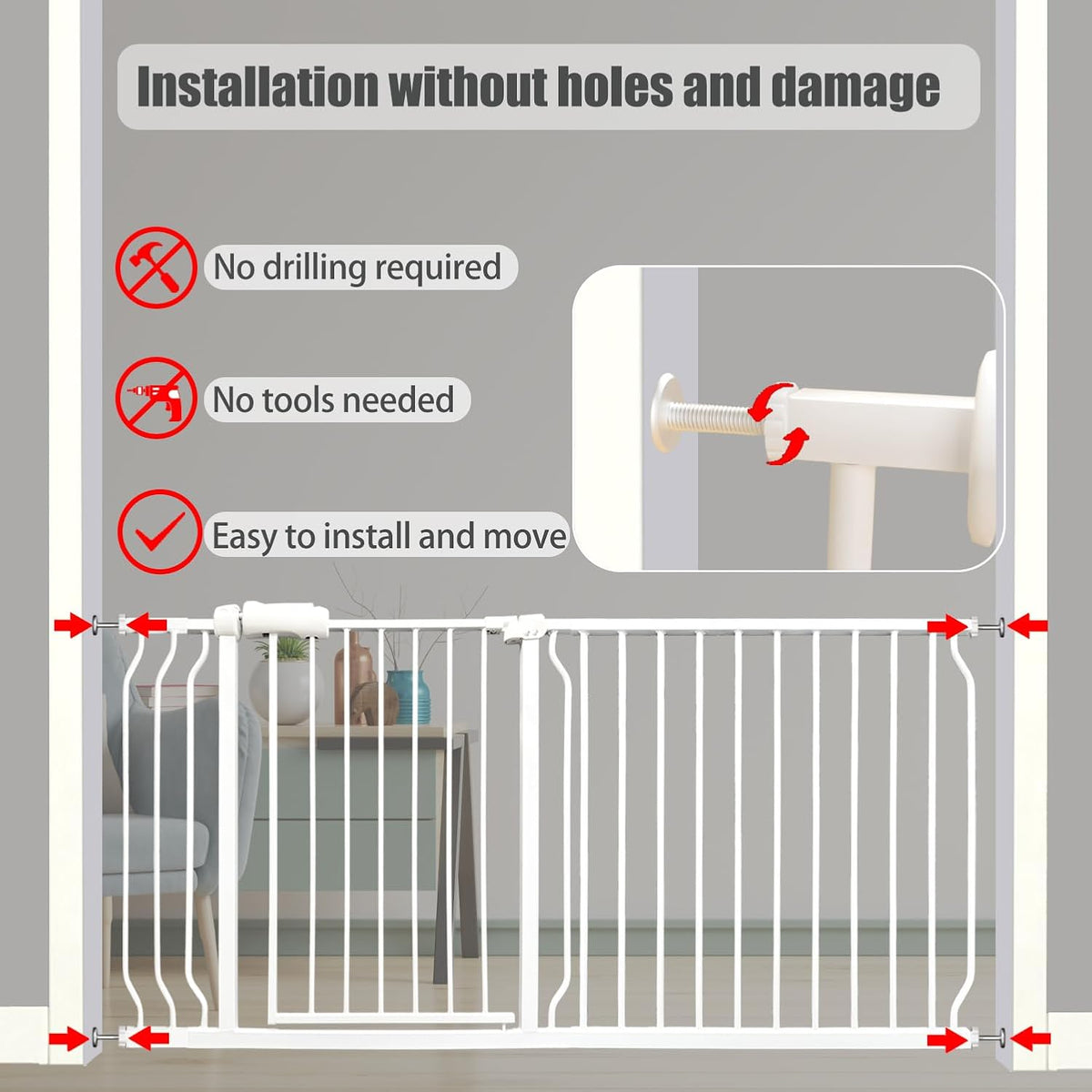 Extra Wide Baby Gate - 43.3-48 Inch Tension Mounted Safety Child & Pet Gate - White Metal - Walk