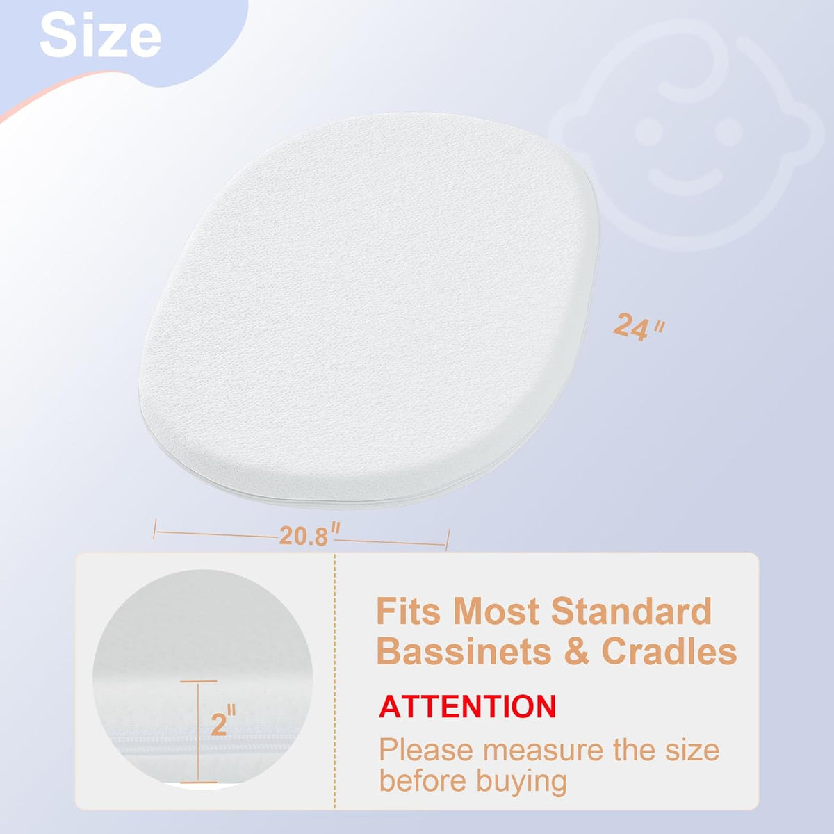 NeoBorn Baby Bassinet Mattress Pad, 24" x 20.8" Dual Sided Comfort Gel Memory Foam Mattress with