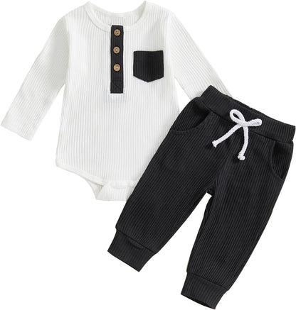 fhutpw Baby Boy Clothes 3 6 12 18 Months Ribbed Knitted Long Sleeve Romper and Pants Sets Newborn