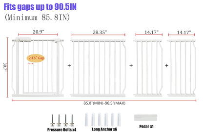 Extra Wide Baby Gate 85.8-90.5 Inch, Pressure Mounted No Drilling, for Stairs & Doorways, Metal